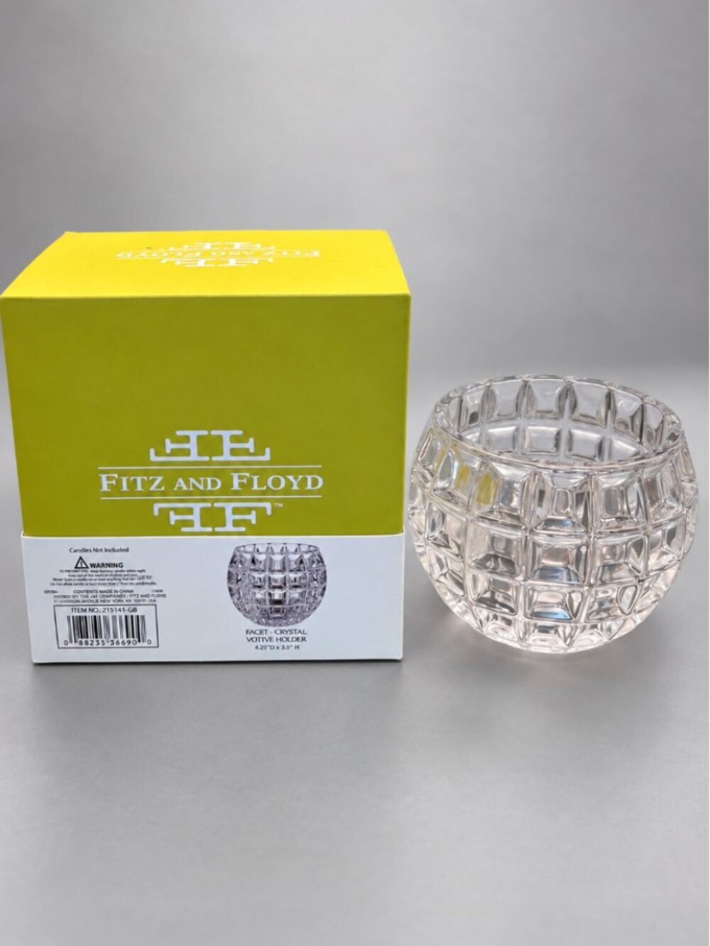 Fitz and Floyd Facet Crystal Votive Candle Holder 3.75" Clear Glass w/ Box